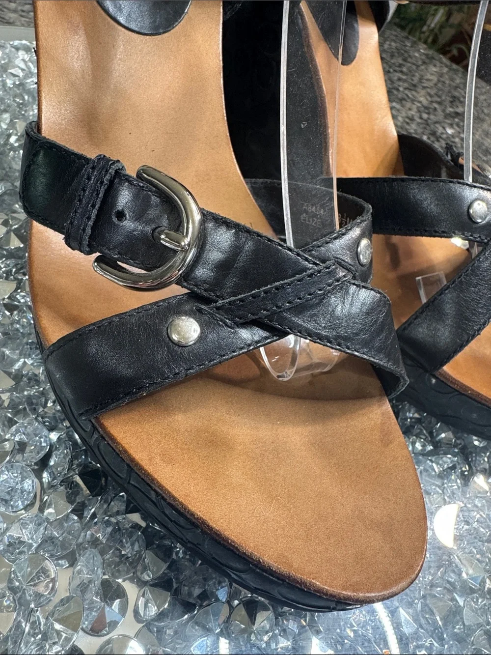 Coach Elize leather Black Logo-Embossed Wedge Sandals with Buckle Detail